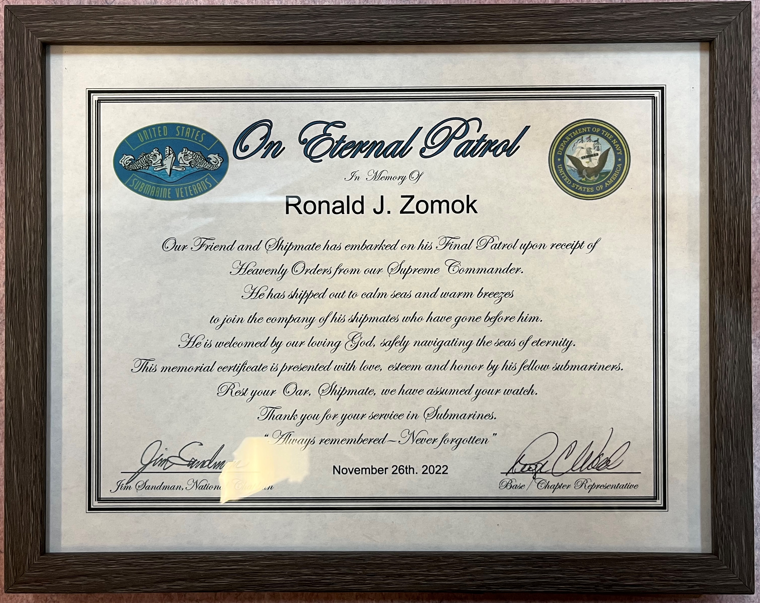Ron's Eternal Patrol Certificate.