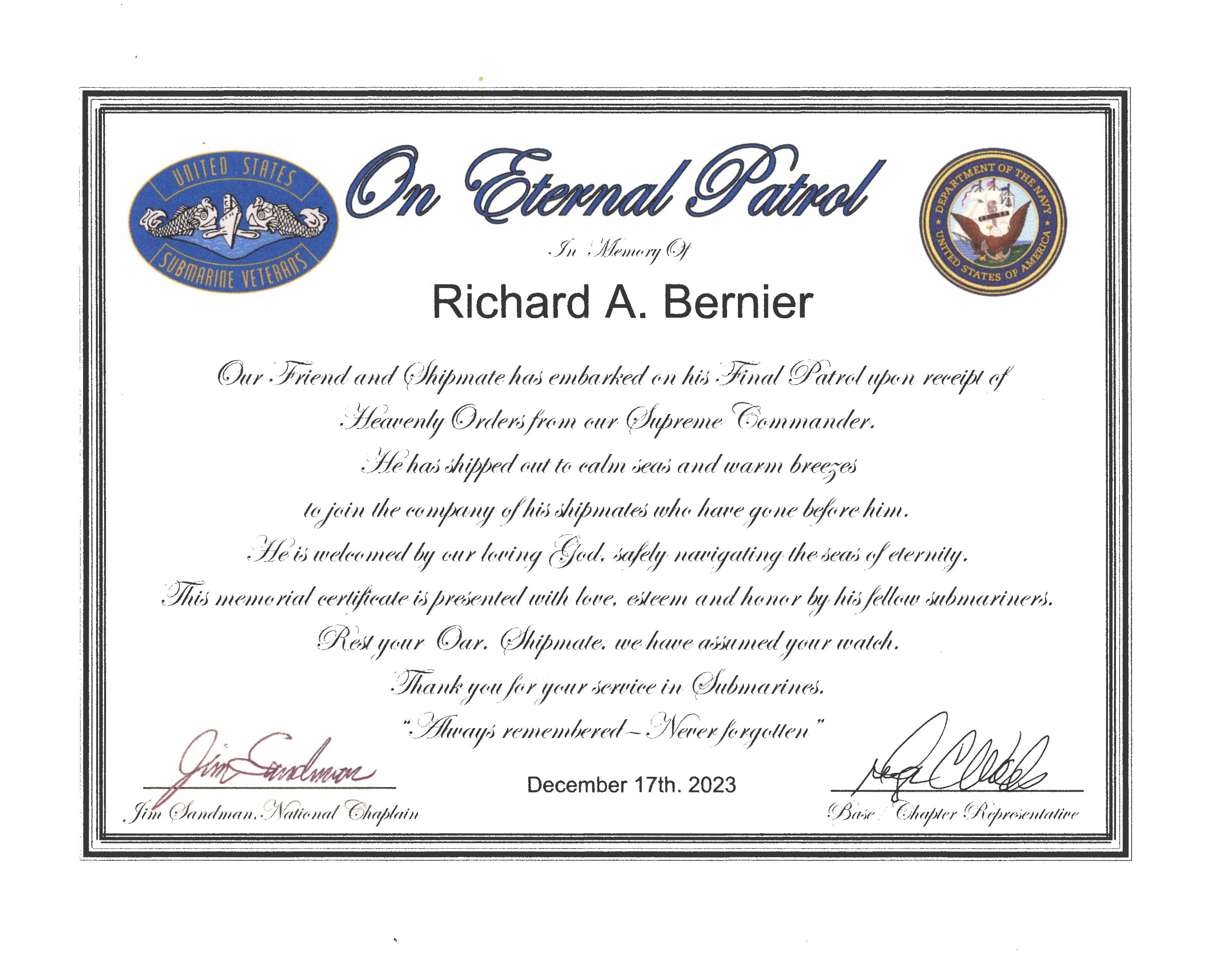 Eternal Patrol Certificate
