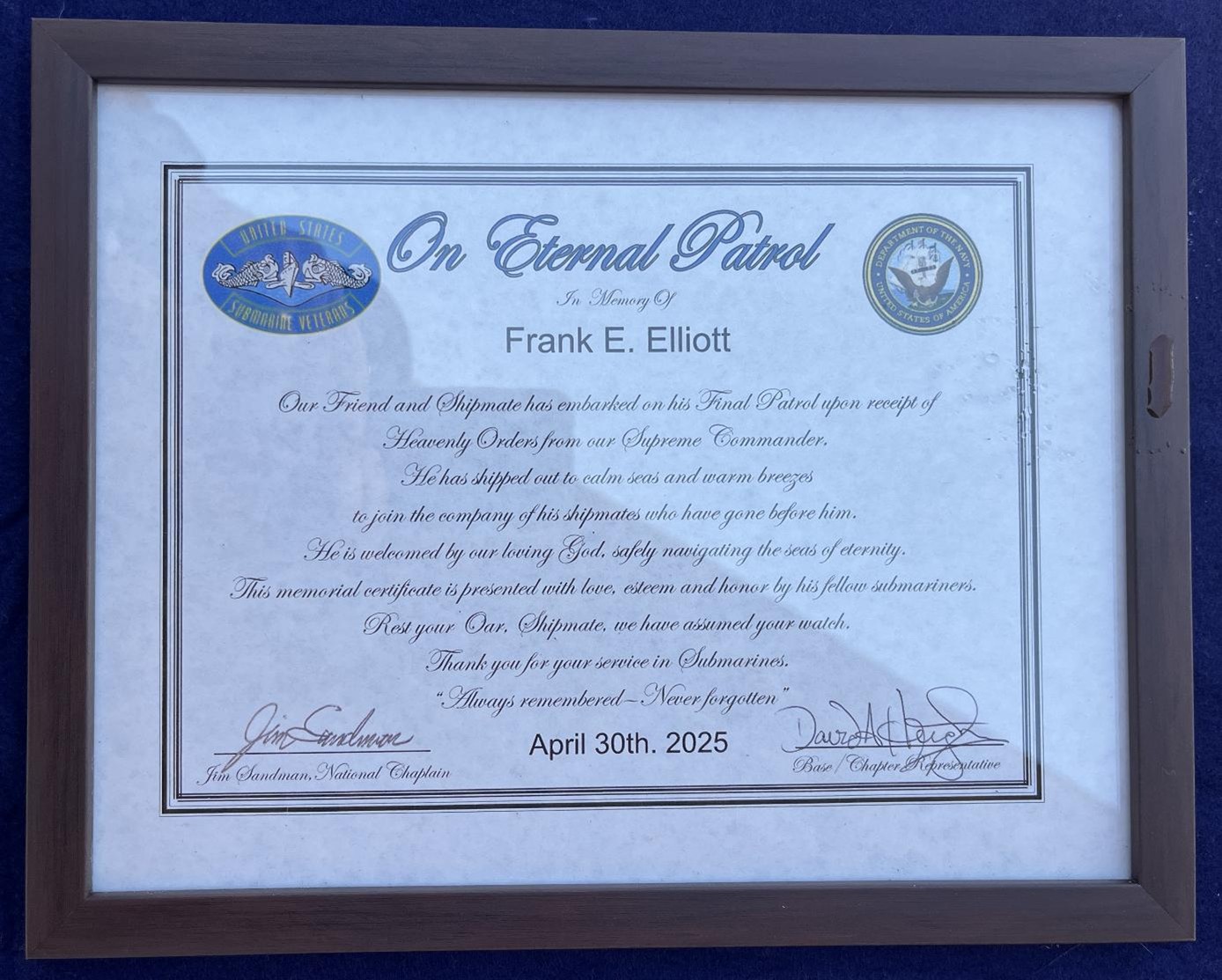 Frank Elliott, IC1(SS) (ret) Eternal Patrol Photos