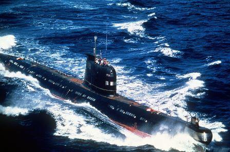 A Soviet Foxtrot submarine surfaced.