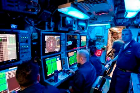 The sonar room or "shack" aboard a nuclear submarine.