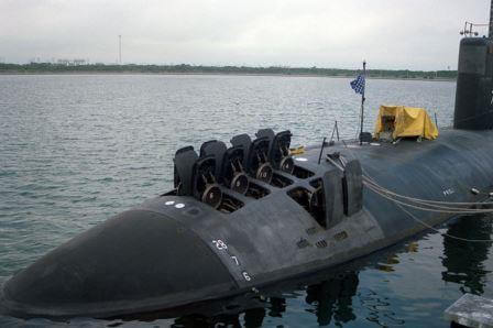 Vertical launch tube doors are shown open in this 688i-class submarine